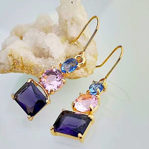 Gold Plated Amethyst Pink Zircon Blue Topaz Dangle Color Block Earrings - Picture 4 of 5